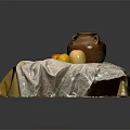 Table Covered With Brown And White Cloth Holding Earthenware Jar And Assorted Fruits