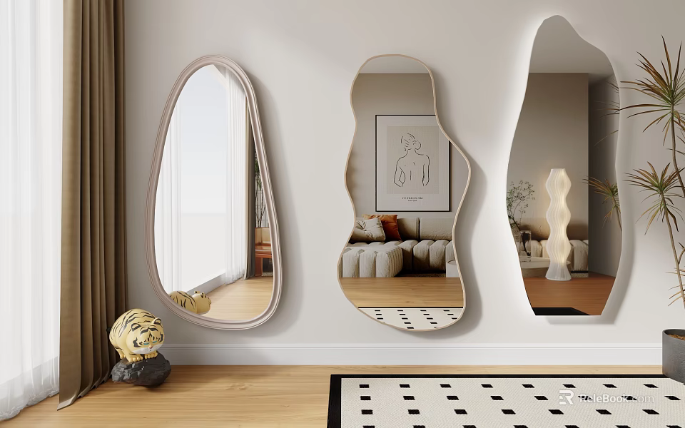 Decorative Wall Mounted Mirrors In Various Shapes For Modern Interior Decor 3d model 