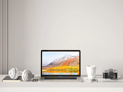 Modern Laptop Setup With White Headphones Coffee Mug Camera And Scenic Mountain View 3d model