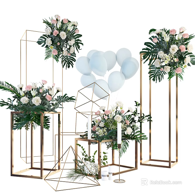 Stylish Garden Decor Featuring Gold Geometric Frames Flowers And Light Blue Balloons 3d model 