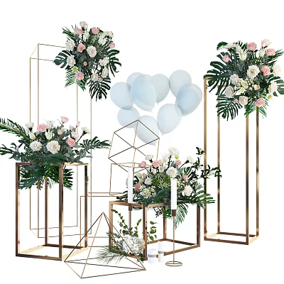 Stylish Garden Decor Featuring Gold Geometric Frames Flowers And Light Blue Balloons 3d model