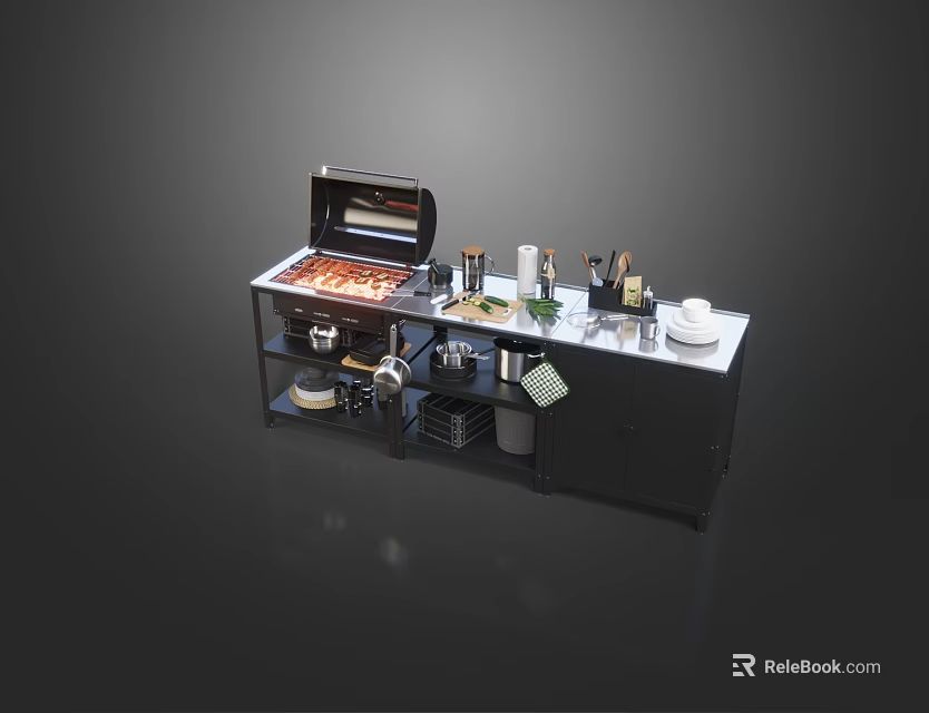 Outdoor Cooking Station With Roasted Meat Spice Bottles Knives Pots And Storage Compartments 3d model 