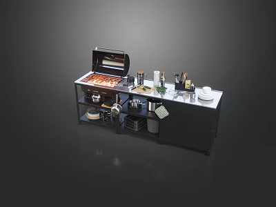 Outdoor Cooking Station With Roasted Meat Spice Bottles Knives Pots And Storage Compartments 3d model