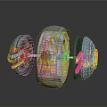 Futuristic Three Blue And Yellow Mechanical Wheels With Metallic Axle And Gears
