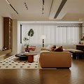 Modern Living And Dining Room Open Concept With Beige Sofa Round Coffee Table Pendant Lights
