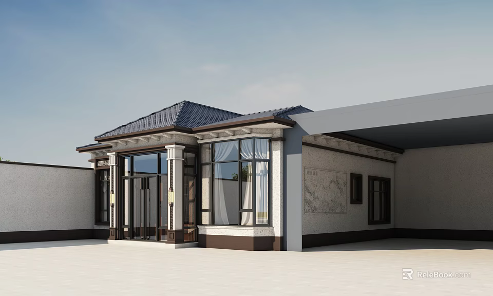 Detached Villa Exterior With Dark Roof Large Windows Glass Door And Columns 3d model 