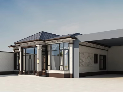 Detached Villa Exterior With Dark Roof Large Windows Glass Door And Columns 3d model