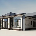 Detached Villa Exterior With Dark Roof Large Windows Glass Door And Columns