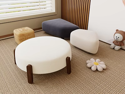 Various Colored Ottoman In Kids Room With Stuffed Toy Bear Woven Stool And Small Flower 3d model