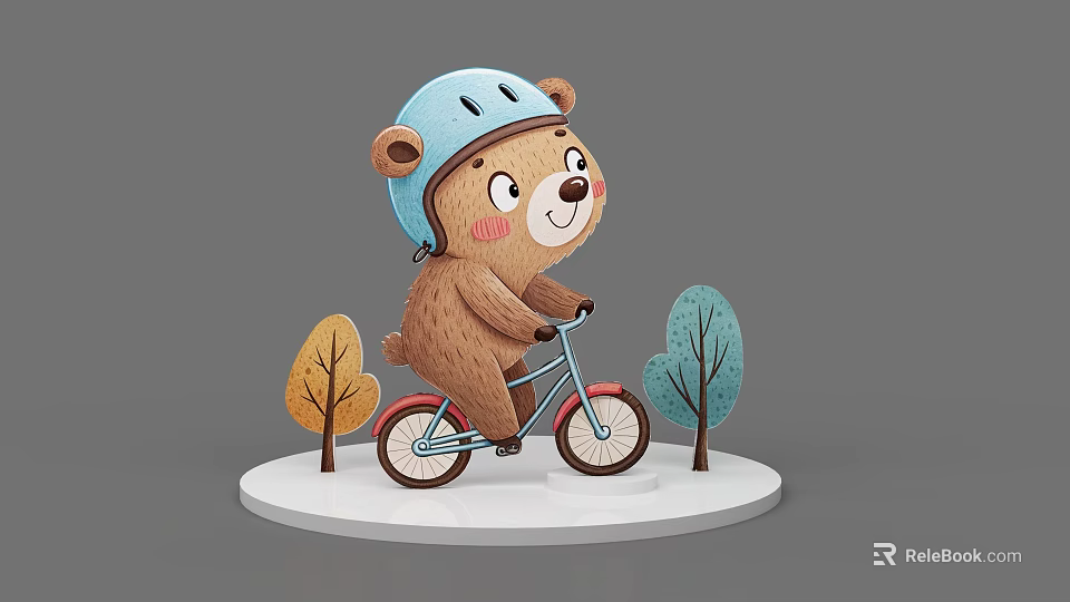 Cute Cartoon Bear Character Riding Bicycle With Blue Helmet And Trees On White Base 3d model 