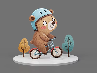 Cute Cartoon Bear Character Riding Bicycle With Blue Helmet And Trees On White Base 3d model
