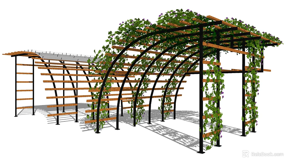 Outdoor Pergola With Wooden Arched Frame And Lush Climbing Vines 3d model 
