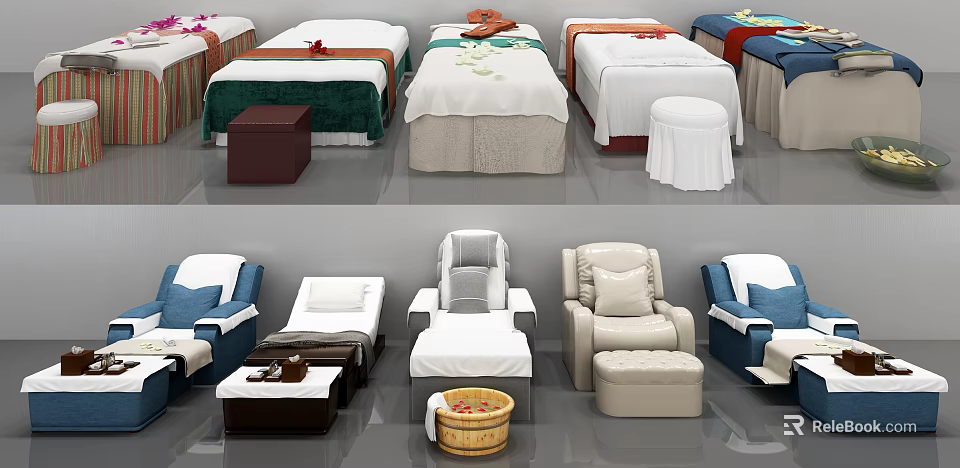 Various Styles Comfortable Massage Bed With Matching Stools Soft Mattresses And Covers 3d model 
