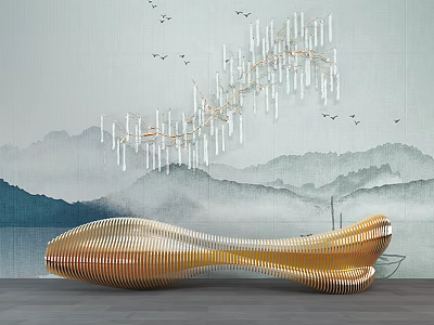 Golden Wavy Reception Desk with Mountain Landscape Mural Chandelier and Flying Birds 3d model