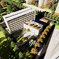 Modern Hospital Building Exterior with Red Cross Sign Surrounded by Green Trees and Road
