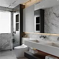 Modern Bathroom Interior With Marble Walls Double Sinks Large Mirror And Glass Shower