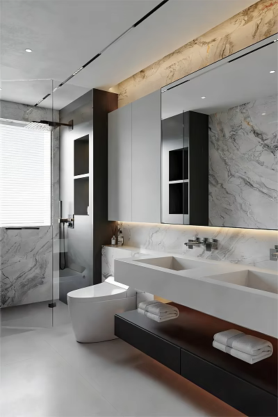 Modern Bathroom Interior With Marble Walls Double Sinks Large Mirror And Glass Shower 3d model