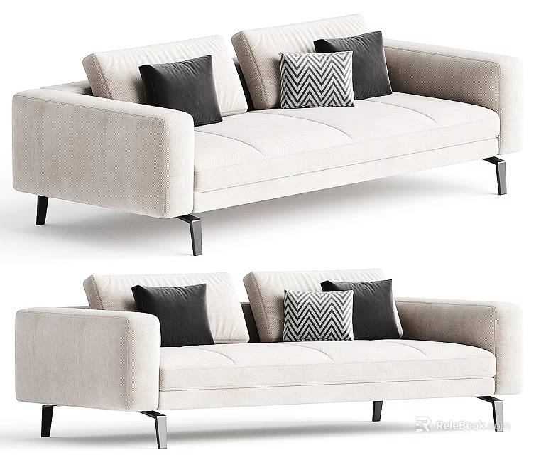 Modern Beige Fabric Sofa With Black And Patterned Cushions And Metal Legs 3d model 