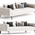 Modern Beige Fabric Sofa With Black And Patterned Cushions And Metal Legs