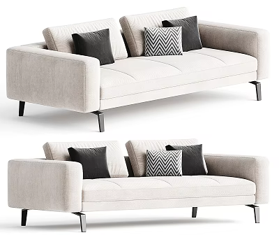 Modern Beige Fabric Sofa With Black And Patterned Cushions And Metal Legs 3d model