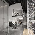 Modern Clothing Store Interior With Wall of Displayed Shoes Staircase And Clothing Displays