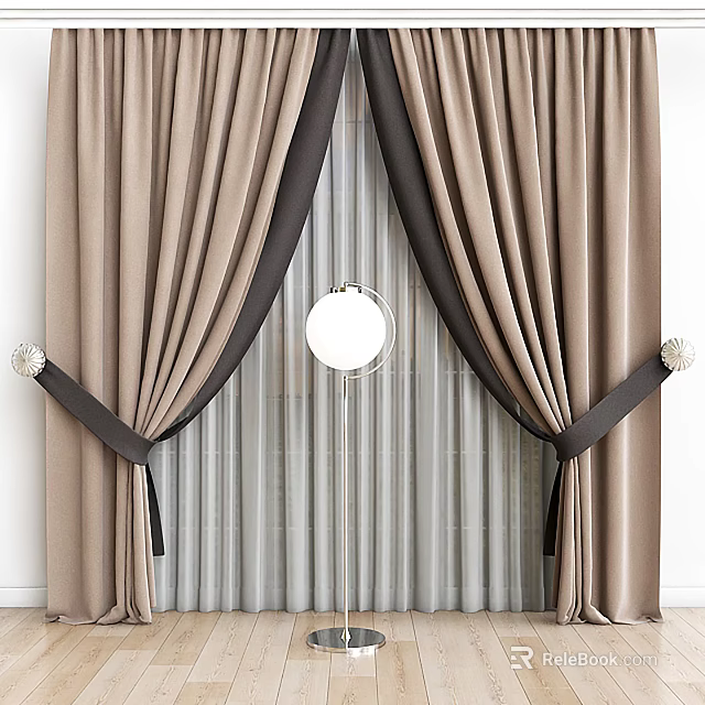 Beige Brown Modern Curtains With Light Sheer Lining Black Decorative Ball Tiebacks Design 3d model 