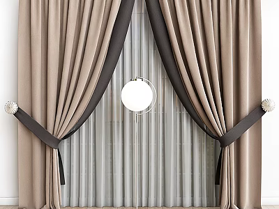 Beige Brown Modern Curtains With Light Sheer Lining Black Decorative Ball Tiebacks Design 3d model