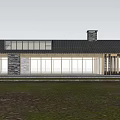 Modern Residential House With Glass Walls Wooden Structure Sloped Roof And Chimney In Green Field