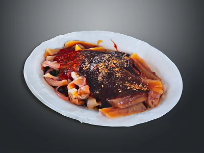 Colorful Mixed Cold Appetizer With Red Sauce And Spicy Seasoning On White Plate 3d model