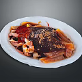 Colorful Mixed Cold Appetizer With Red Sauce And Spicy Seasoning On White Plate