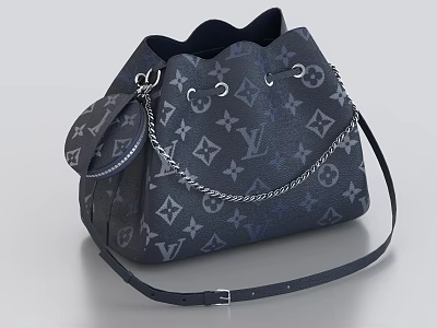 Stylish Monogram Bucket Bag With Chain Detail And Adjustable Strap 3d model