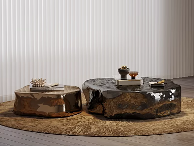 Modern Metallic Coffee Tables with Irregular Shapes and Decorative Items on Brown Rug 3d model