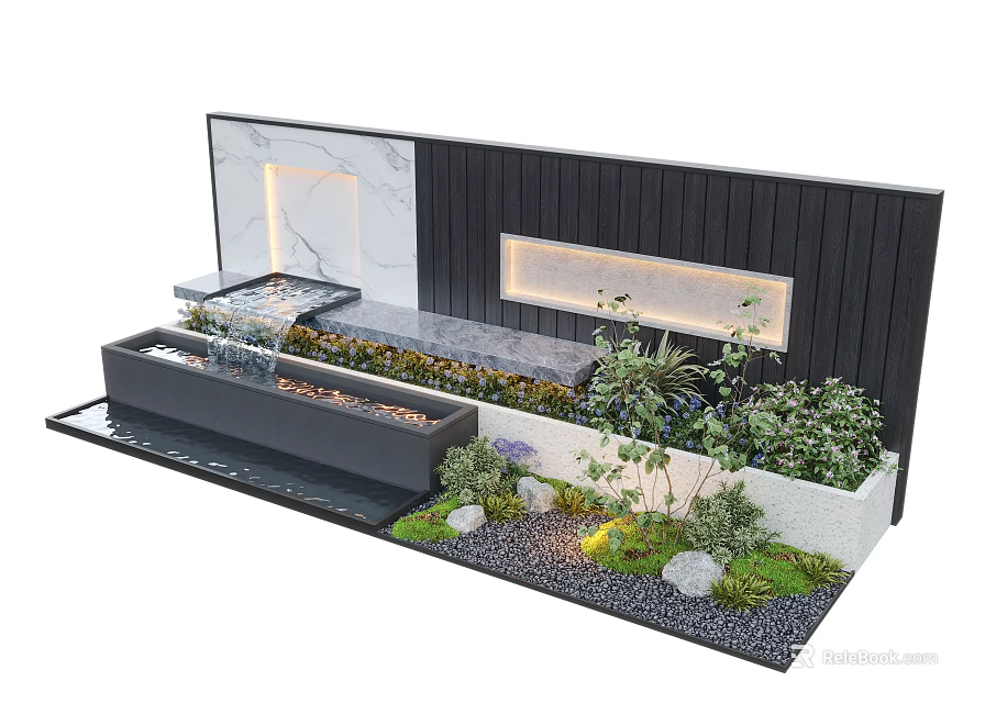 Modern Feature Wall Design With Black Wood Panel White Marble Waterfall and Greenery 3d model 