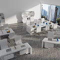 Modern White Office Desks With Ergonomic Chairs And Shelves In Bright Room With City Windows