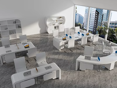 Modern White Office Desks With Ergonomic Chairs And Shelves In Bright Room With City Windows 3d model