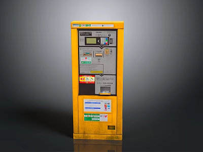Yellow Public Building Self Service Kiosk With Digital Screen Operation Panel And Stickers 3d model