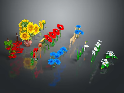 Various Colorful Flowers With Different Types Green Leaves And Stems Arranged 3d model