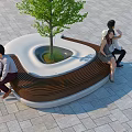 Circular Design Outdoor Chair With Wooden Brown Seats White Frame And Central Tree For Public Park Relaxation