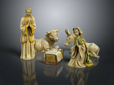 Traditional Carved Sculptures Featuring Robed Figures Ox Donkey And Gift Box 3d model