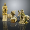 Traditional Carved Sculptures Featuring Robed Figures Ox Donkey And Gift Box
