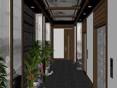 Elevator Hallway with Green Plants Wooden Doors Modern Wall Decor and Ceiling Design 3d model