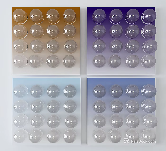 Modern Wall Decor With Gradient Colored Round Glass Balls In Grid Panels 3d model