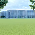 Modern School Building Exterior On Green Campus With Open Courtyard And Lush Trees