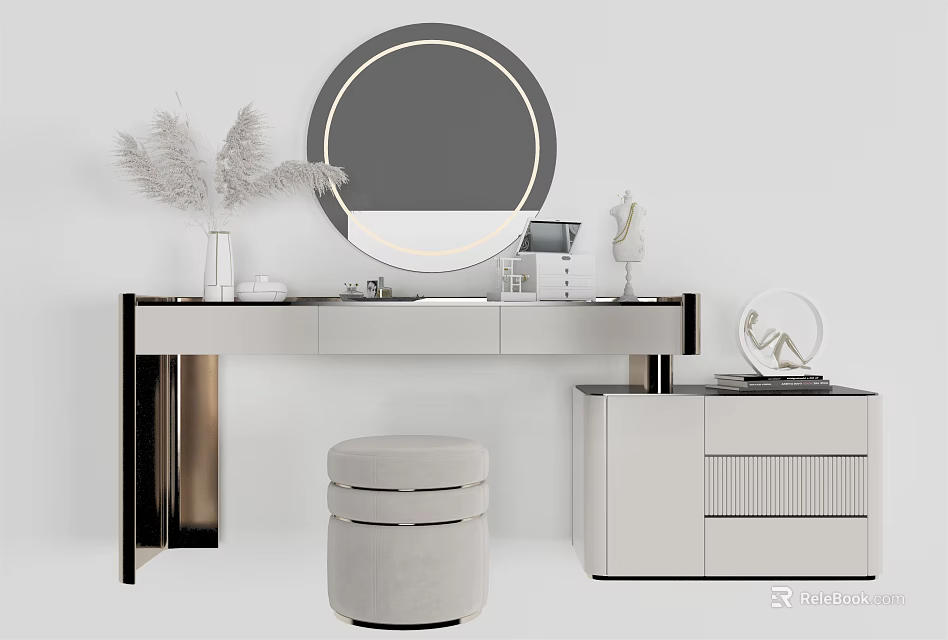 Modern Dressing Table With Circular Mirror White Cabinet Stool And Pampas Grass 3d model