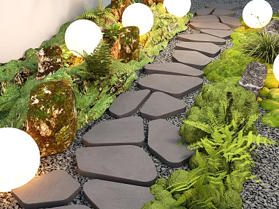 Garden Landscape With Natural Stone Path Round Lanterns And Lush Green Plants 3d model