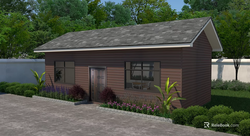Garden Landscape Around Brown House With Gray Roof Paved Area Purple Flowers And Green Shrubs 3d model 