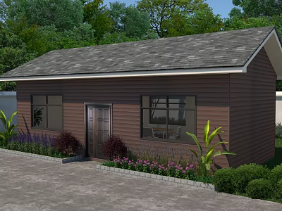 Garden Landscape Around Brown House With Gray Roof Paved Area Purple Flowers And Green Shrubs 3d model