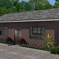 Garden Landscape Around Brown House With Gray Roof Paved Area Purple Flowers And Green Shrubs