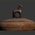 Artistic Sculpture Carving With Three Horse Figures On Round Geometric Patterned Vessel