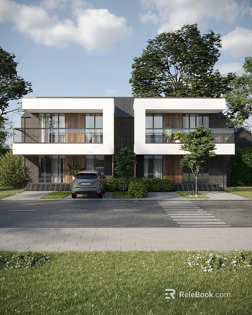 Modern Semi Detached Villa Exterior With Large Windows Greenery Driveway And Car Parked 3d model 